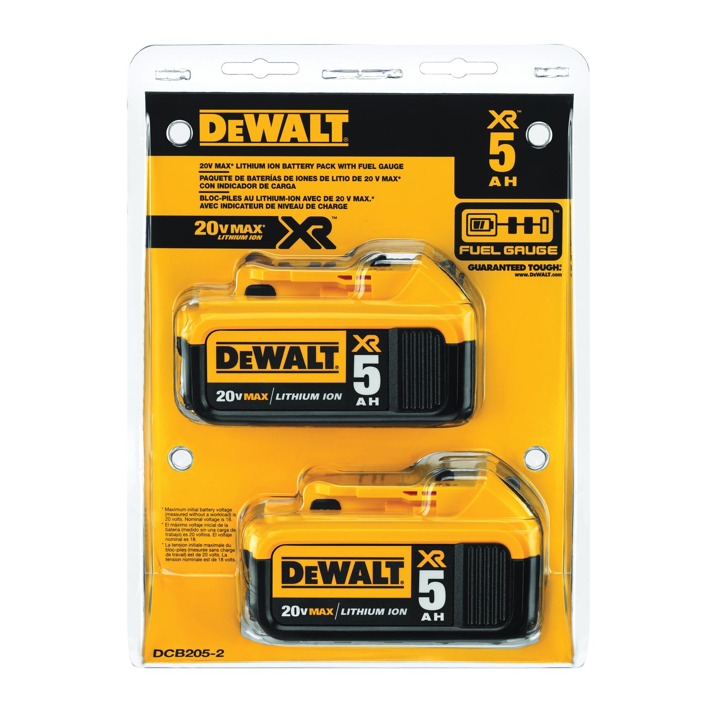 DeWALT® 20V MAX* DCB205-2 Premium Battery Pack, 5 Ah Lithium-Ion Battery, 20 VDC Charge, For Use With Entire Line of DEWALT 20 V Max Tools
