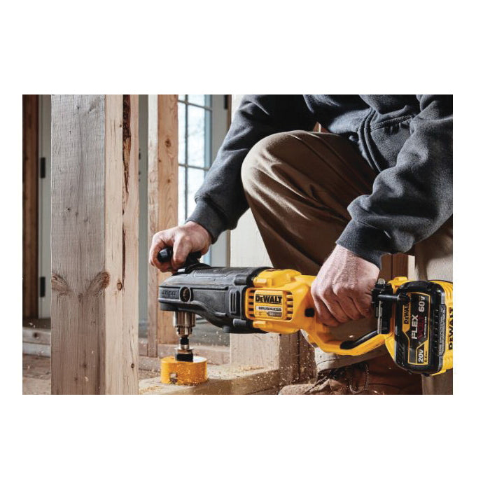 DeWALT FlexVolt DCD470X1 Brushless Right Angle In-line Stud and Joist Drill Kit With E-Clutch System, 1/2 in Keyed Chuck, 60 VAC, 0 to 400/0 to 1320 rpm Speed, 21.3 in OAL
