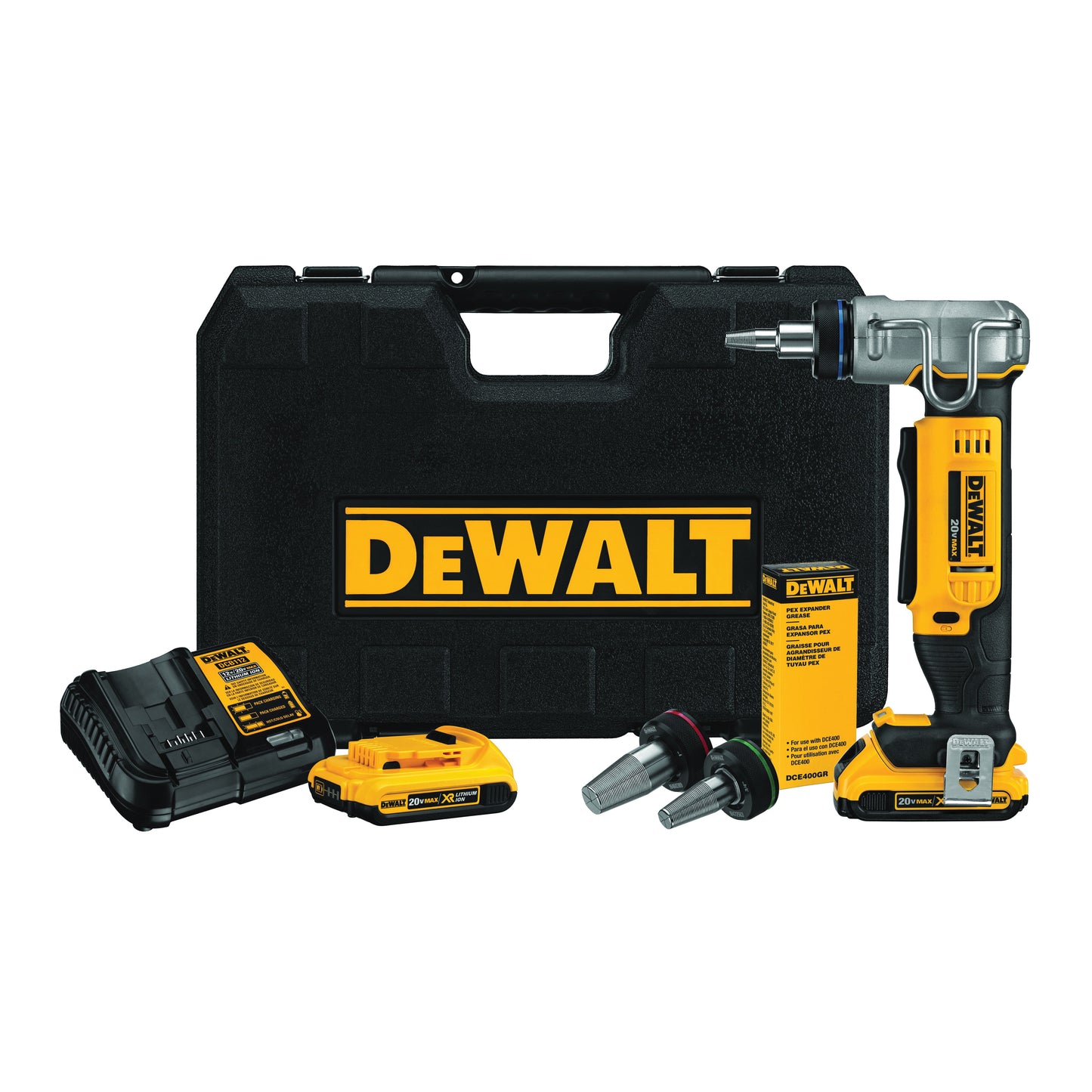 DeWALT® DCE400D2 Type A Cordless PEX Expander Kit, 3/8 to 1 in Tubing, 20 VDC, Lithium-Ion Battery