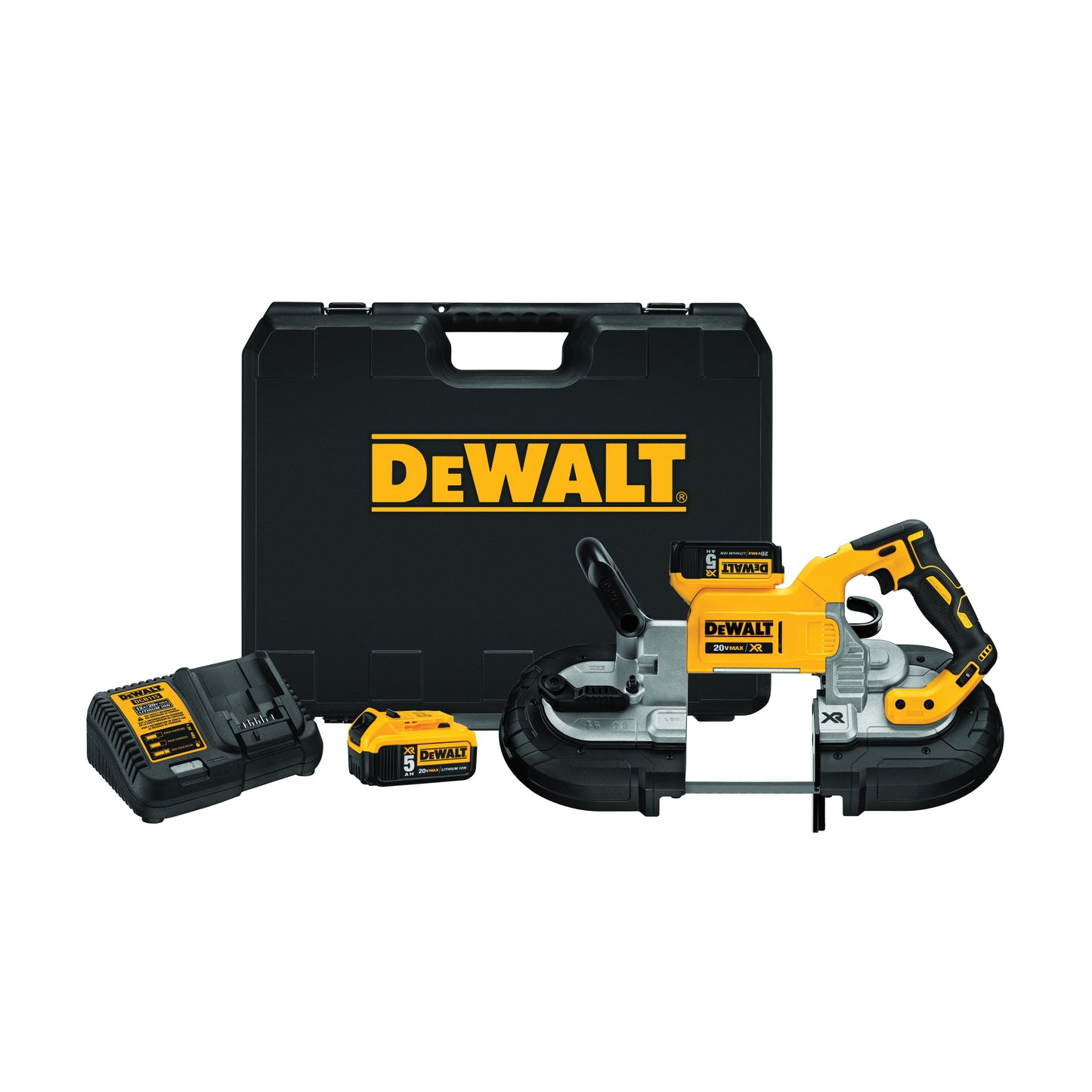 DeWALT® 20V MAX* MATRIX™ DCS374P2 XR™ Brushless Deep Cut Portable Cordless Band Saw Kit, 5 x 4-3/4 in Cutting, 44-7/8 in L Blade, 20 VDC, 5 Ah Lithium-Ion Battery