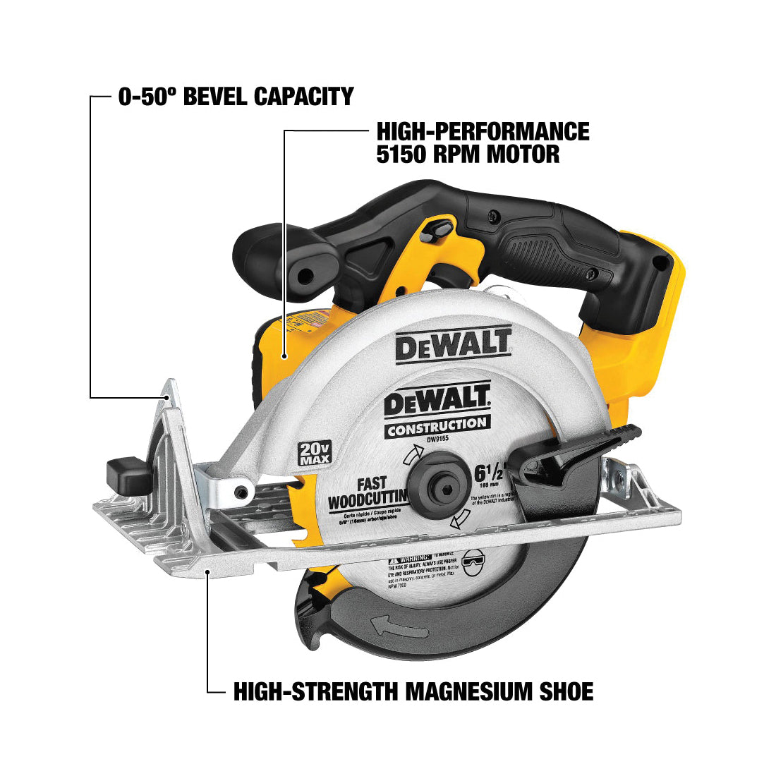 DeWALT DCS391B Cordless Circular Saw, 6-1/2 in Dia Blade, 5/8 in Arbor/Shank, 20 VDC, 1-5/8 in at 45 deg, 2-1/4 in at 90 deg D Cutting, Lithium-Ion Battery, Left Blade Side