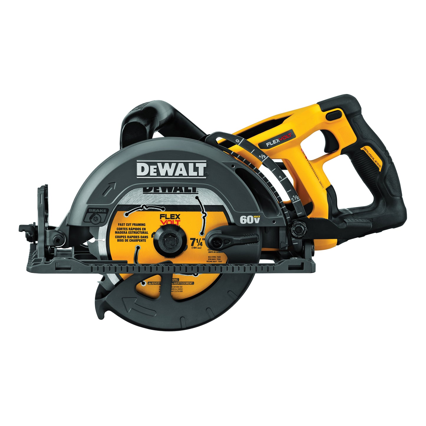 DeWALT 60V MAX* FLEXVOLT DCS577B Worm Drive Cordless Circular Saw, 7-1/4 in Blade, 5/8 in Arbor/Shank, 60 VDC, 1-7/8 in at 45 deg, 2-7/16 in at 90 deg D Cutting, Lithium-Ion Battery, Left Blade Side, Bare Tool