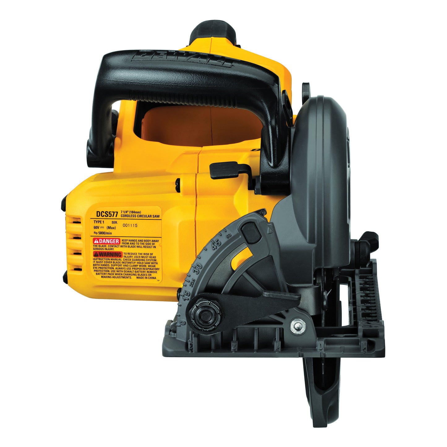 DeWALT 60V MAX* FLEXVOLT DCS577B Worm Drive Cordless Circular Saw, 7-1/4 in Blade, 5/8 in Arbor/Shank, 60 VDC, 1-7/8 in at 45 deg, 2-7/16 in at 90 deg D Cutting, Lithium-Ion Battery, Left Blade Side, Bare Tool