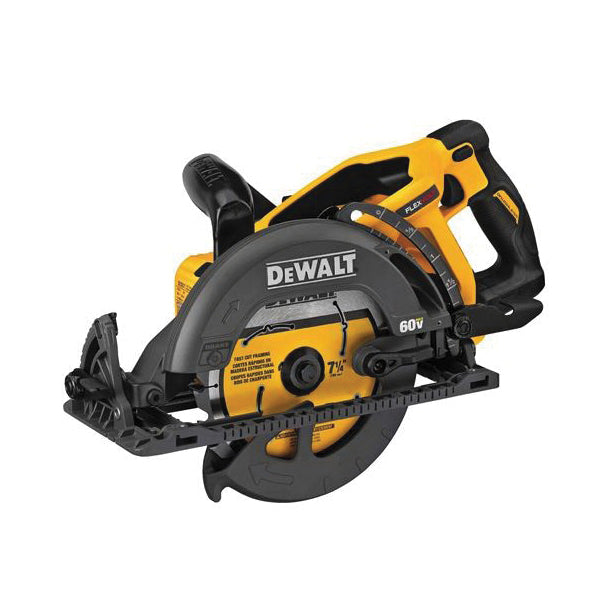 DeWALT 60V MAX* FLEXVOLT DCS577B Worm Drive Cordless Circular Saw, 7-1/4 in Blade, 5/8 in Arbor/Shank, 60 VDC, 1-7/8 in at 45 deg, 2-7/16 in at 90 deg D Cutting, Lithium-Ion Battery, Left Blade Side, Bare Tool