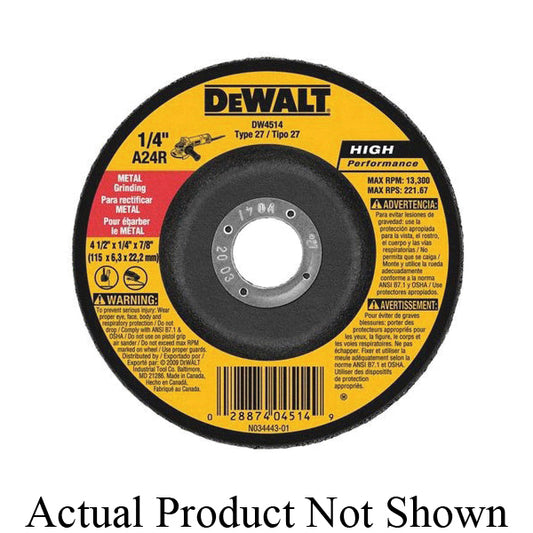 DeWALT® High Performance™ DW4514 Bonded Depressed Center Wheel, 4-1/2 in Dia x 1/4 in THK, 7/8 in Center Hole, A24R Grit, Aluminum Oxide Abrasive