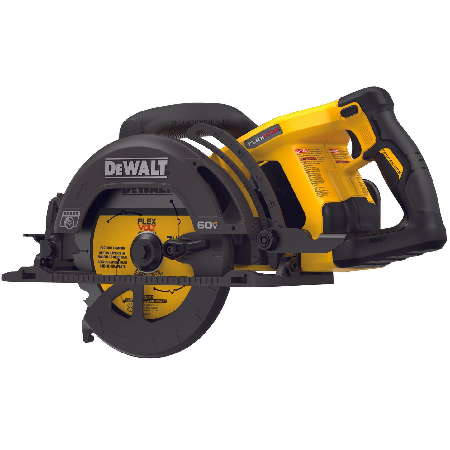 DeWALT 60V MAX* FLEXVOLT DCS577B Worm Drive Cordless Circular Saw, 7-1/4 in Blade, 5/8 in Arbor/Shank, 60 VDC, 1-7/8 in at 45 deg, 2-7/16 in at 90 deg D Cutting, Lithium-Ion Battery, Left Blade Side, Bare Tool