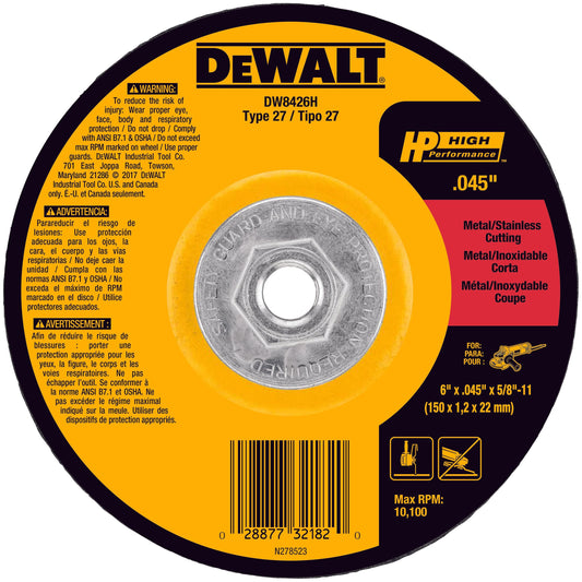 DeWALT® High Performance™ Guaranteed Tough® DW8426H Flat Depressed Center Cutting Wheel, 6 in Dia x 0.045 in THK, 60 Grit, Aluminum Oxide Abrasive