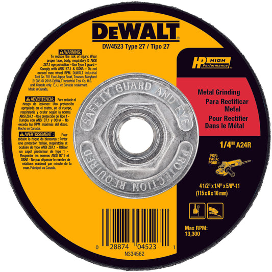 DeWALT® High Performance™ DW4523 Depressed Center Wheel, 4-1/2 in Dia x 1/4 in THK, A24R Grit, Aluminum Oxide Abrasive
