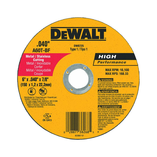 DeWALT® High Performance™ Guaranteed Tough® DW8725 Small Diameter Cut-Off Wheel, 6 in Dia x 0.04 in THK, 7/8 in Center Hole, 60 Grit, Aluminum Oxide Abrasive