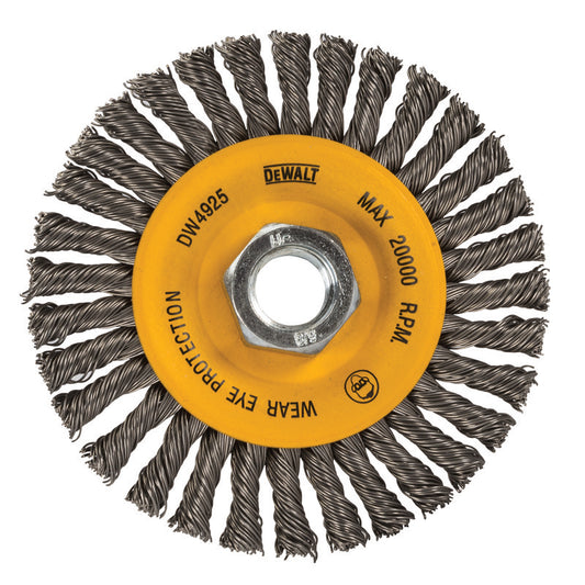 DeWALT High Performance DW4925 Wire Wheel Brush, 4 in Dia Brush, 1/2 in W Face, 0.02 in Dia Stringer Bead Filament/Wire, 5/8-11 Arbor Hole
