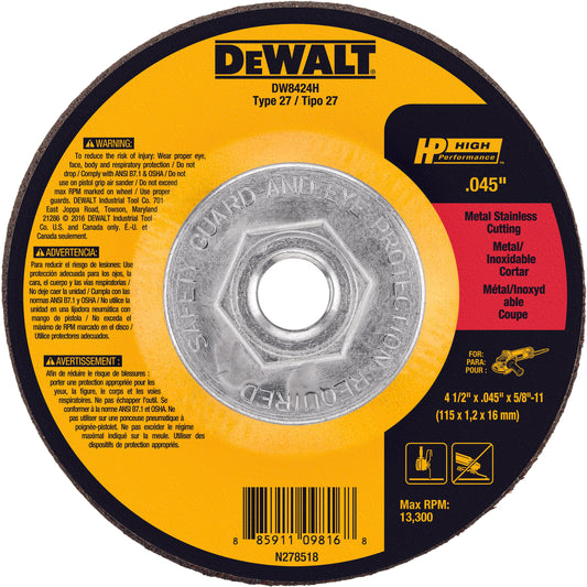 DeWALT® High Performance™ Guaranteed Tough® DW8424H Flat Depressed Center Cutting Wheel, 4 in Dia x 0.045 in THK, 60 Grit, Aluminum Oxide Abrasive