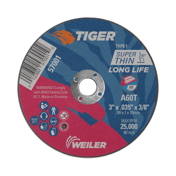 WEILER Tiger 57001 Flat Long Life Reinforced Small Thin Cut-Off Wheel 3 in Dia x 0.035 in THK