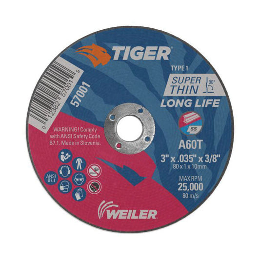 WEILER Tiger 57001 Flat Long Life Reinforced Small Thin Cut-Off Wheel 3 in Dia x 0.035 in THK