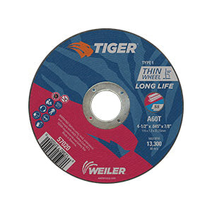 WEILER Tiger 57020 Flat Long Life Performance Line Reinforced Small Thin Cut-Off Wheel 4-1/2 in Dia x 0.045 in THK