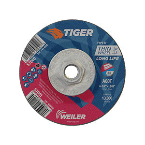 WEILER Tiger 57040 Long Life Performance Line Thin Depressed Center Cutting Wheel 4-1/2 in Dia x 0.045 in THK