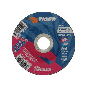 WEILER Tiger 57041 Long Life Performance Line Thin Depressed Center Cutting Wheel 4-1/2 in Dia x 0.045 in THK