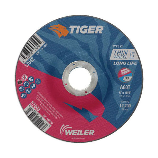 WEILER Tiger 57043 Long Life Performance Line Thin Depressed Center Cutting Wheel 5 in Dia x 0.045 in THK
