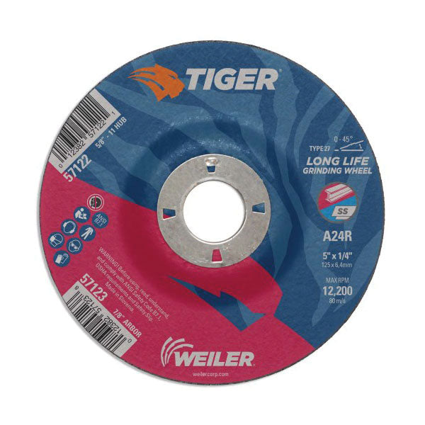 WEILER Tiger 57123 Performance Line Depressed Center Grinding Wheel 5 in Dia x 1/4 in THK