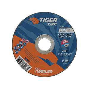 WEILER Tiger 58000 Fast Cut and Long Life Flat Performance Line Small Thin Cut-Off Wheel 4-1/2 in Dia x 0.045 in THK