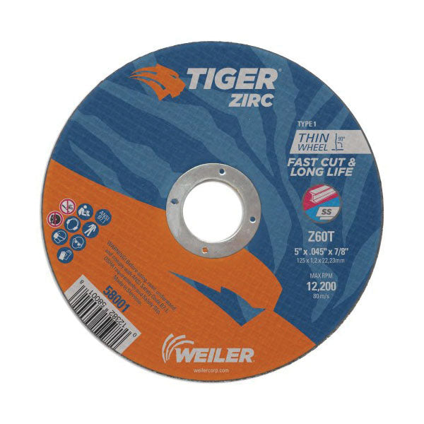 WEILER Tiger 58001 Fast Cut and Long Life Flat Performance Line Small Thin Cut-Off Wheel 5 in Dia x 0.045 in THK