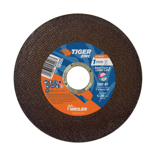 WEILER Tiger 58006 Fast and Long Life Super Thin Ultra Cut Cut-Off Wheel 5 in Dia x 1 mm THK