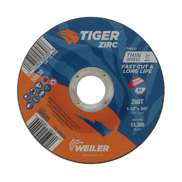 WEILER Tiger 58020 Fast Cut and Long Life Performance Line Thin Depressed Center Cutting Wheel 4-1/2 in Dia x 0.045 in THK