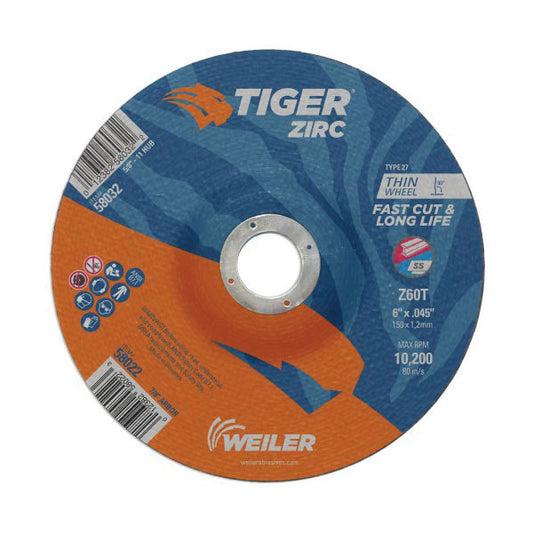 WEILER Tiger 58022 Fast Cut and Long Life Performance Line Thin Depressed Center Cutting Wheel 6 in Dia x 0.045 in THK