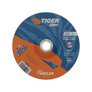 WEILER Tiger 58023 Fast Cut and Long Life Performance Line Thin Depressed Center Cutting Wheel 7 in Dia x 0.06 in THK