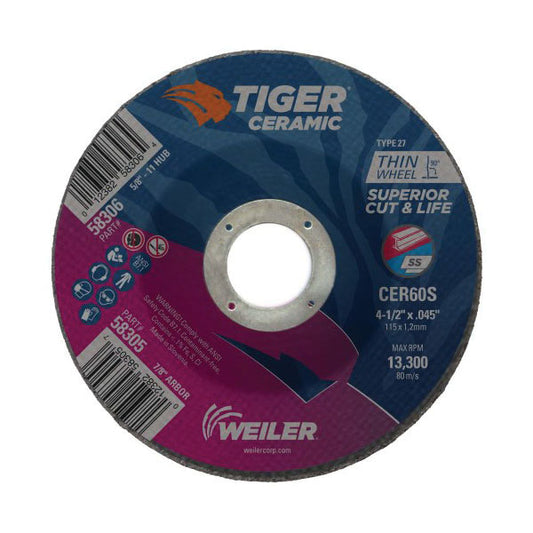 WEILER Tiger 58305 Maximum Performance Cutting Wheel  4-1/2 in Dia x 0.045 in THK