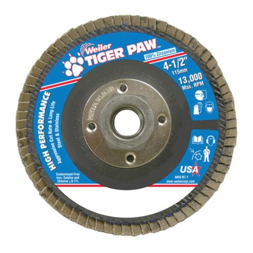 WEILER Tiger Paw 51125 High Density High Performance Coated Abrasive Flap Disc 4-1/2 in Dia Disc