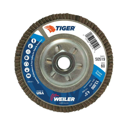 WEILER Tiger 50519 Long Life Standard Density Abrasive Flap Disc 4-1/2 in Dia Disc