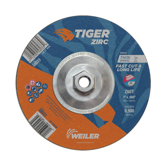 WEILER Tiger Zirc 58033 Fast Cut Long Life High Performance Cutting Wheel 7 in Dia x 0.06 in THK