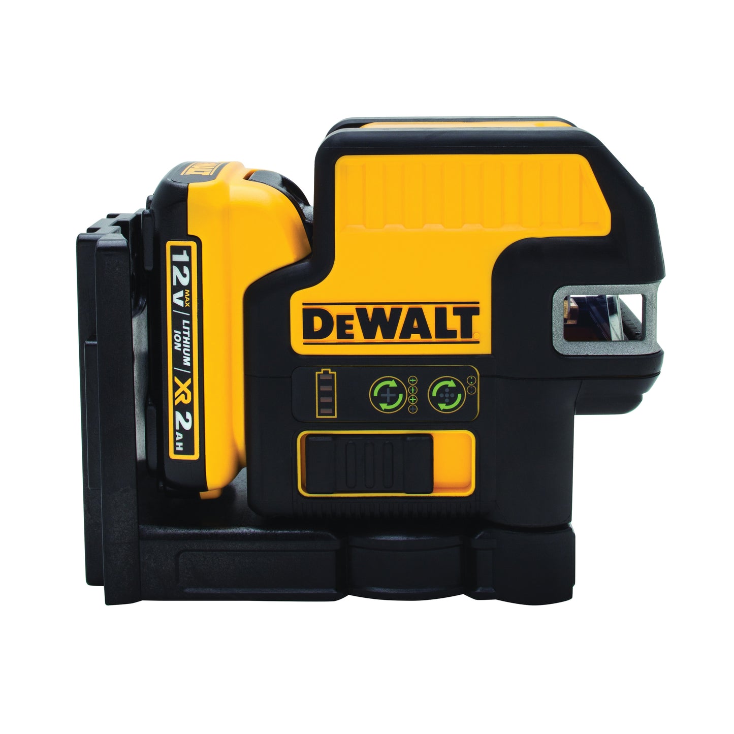 DeWALT 12V MAX* DW0822LG 2-Spot Cordless Cross Line Laser Kit, 165 ft Measuring, +/-1/8 in at 100 ft Accuracy, 12 VDC, Lithium-Ion Battery, Plastic Housing