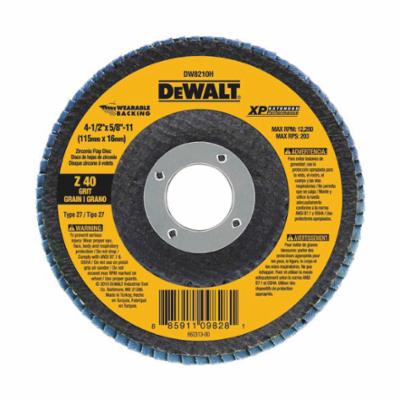 DeWALT® XP™ DW8210 Wearable Backing® Extended Performance Coated Abrasive Flap Disc, 4-1/2 in Dia, 7/8 in Center Hole, 40 Grit, Coarse Grade, Zirconia Alumina Abrasive, Type 27 Disc