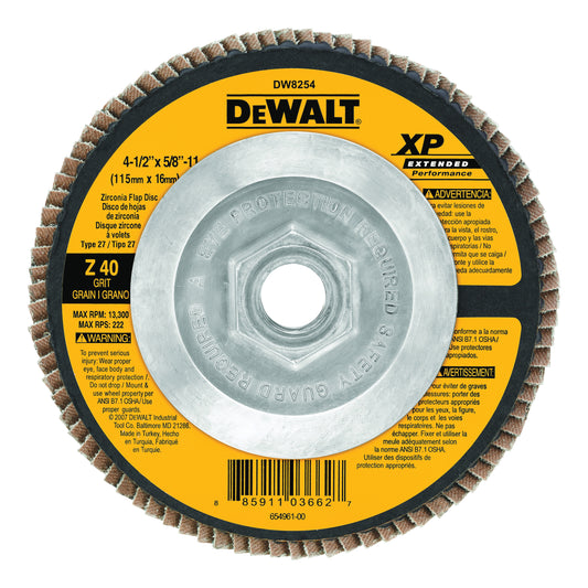 DeWALT XP DW8254 Contaminant-Free Extended Performance High Density Coated Abrasive Flap Disc, 4-1/2 in Dia, 40 Grit, Coarse Grade, Zirconia Alumina Abrasive, Type 27 Disc
