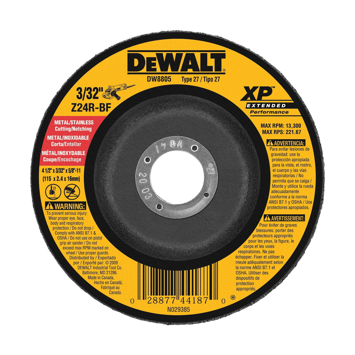 DeWALT XP DW8805 Depressed Center Wheel, 4-1/2 in Dia x 3/32 in THK, Z24R Grit, Zirconia Alumina Abrasive