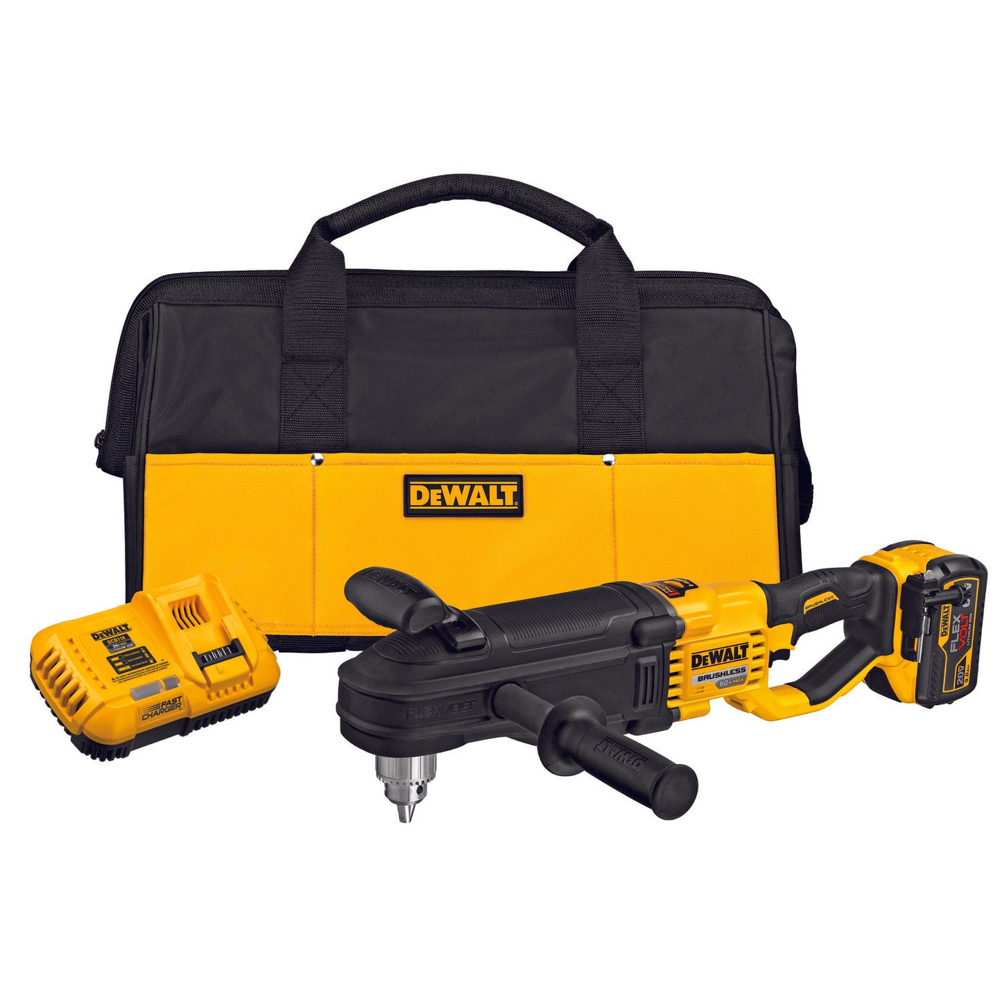 DeWALT FlexVolt DCD470X1 Brushless Right Angle In-line Stud and Joist Drill Kit With E-Clutch System, 1/2 in Keyed Chuck, 60 VAC, 0 to 400/0 to 1320 rpm Speed, 21.3 in OAL