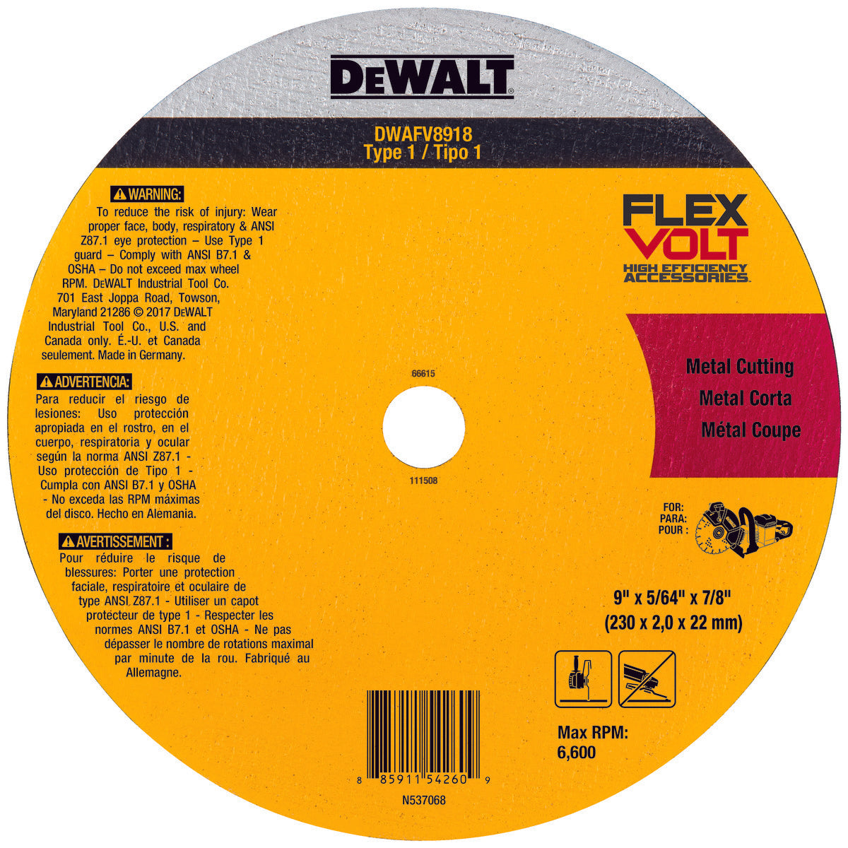 DeWALT DWAFV8918 Abrasive Cut-Off Wheel, 9 in Dia x 5/64 in THK, 7/8 in Center Hole, 60 Grit, Ceramic Abrasive
