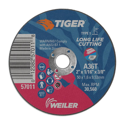 WEILER Tiger 57011 Flat Long Life Performance Cut Cutting Wheel  2 in Dia x 1/16 in THK