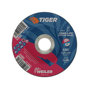 WEILER Tiger 57081 Long Life Performance Line Depressed Center Cutting Wheel  4-1/2 in Dia x 3/32 in THK