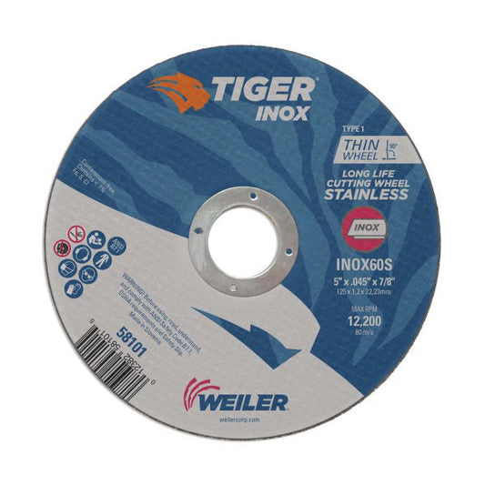 WEILER Tiger INOX 58101 Flat Long Life Performance Line Thin Cut-Off Wheel  5 in Dia x 0.045 in THK
