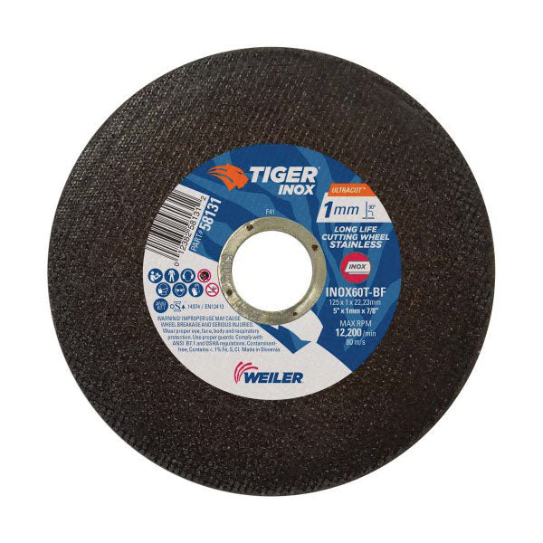 WEILER Tiger INOX 58131 Fast and Long Life Ultra Thin Ultra Cut Cut-Off Wheel  5 in Dia x 1 mm THK