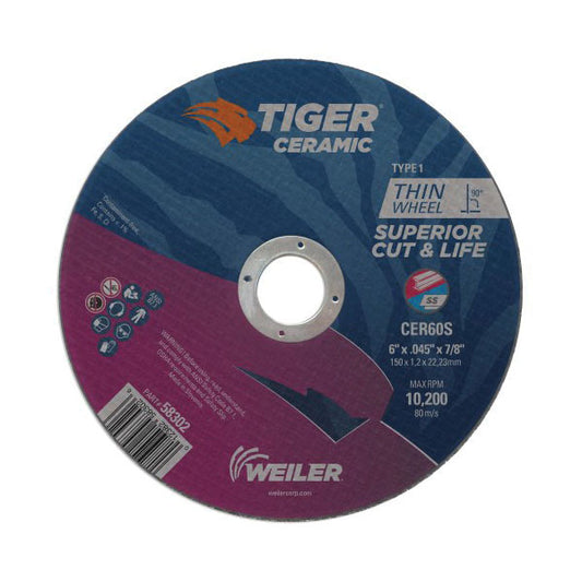 WEILER Tiger 58302 Maximum Performance Cut-Off Wheel  6 in Dia x 0.045 in THK