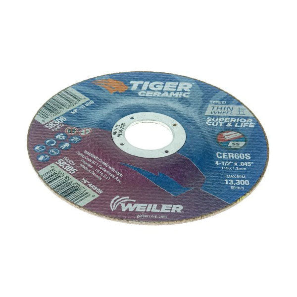 WEILER Tiger 58305 Maximum Performance Cutting Wheel  4-1/2 in Dia x 0.045 in THK